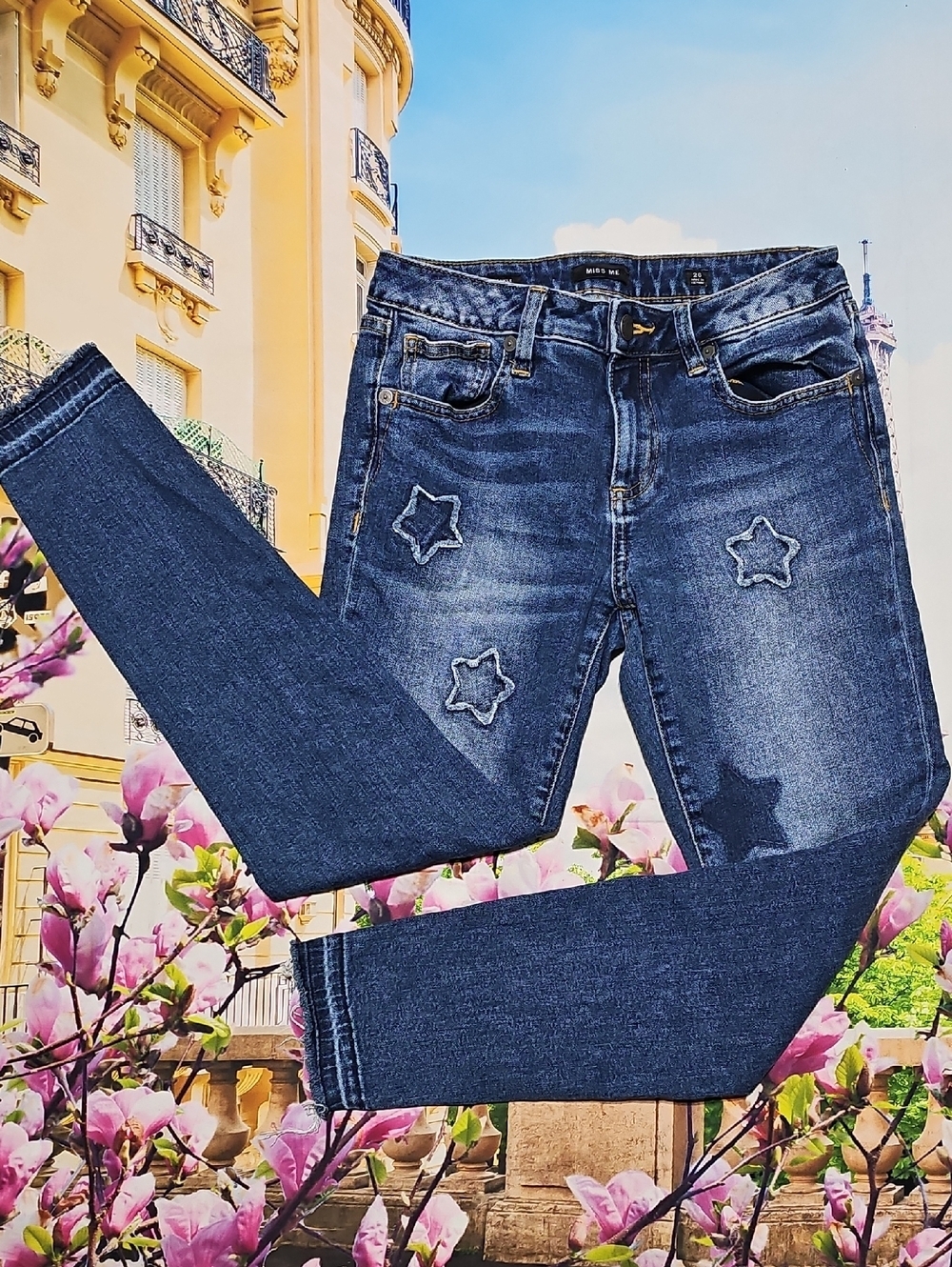 Miss Me Dark Blue Star Patch Skinny Raw Hem Jeans Size 26